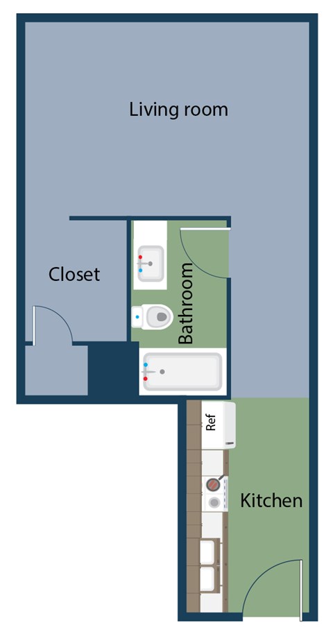 Floor plan for studio, 1 bath, 598 sqft